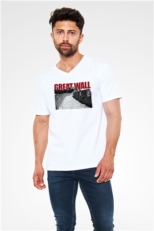 Çin Seddi Beyaz Unisex V Yaka Tişört