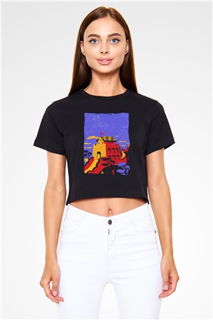 Çin Seddi Siyah  Crop Top Tişört