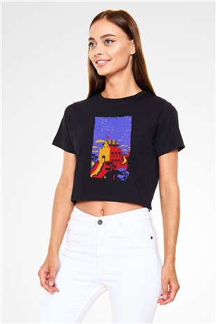 Çin Seddi Siyah  Crop Top Tişört