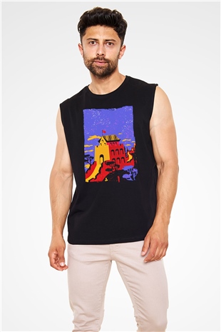Çin Seddi Siyah Unisex Kolsuz Tişört