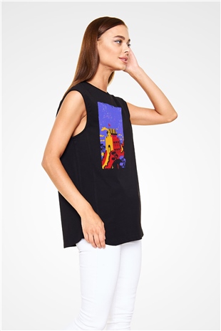 Çin Seddi Siyah Unisex Kolsuz Tişört