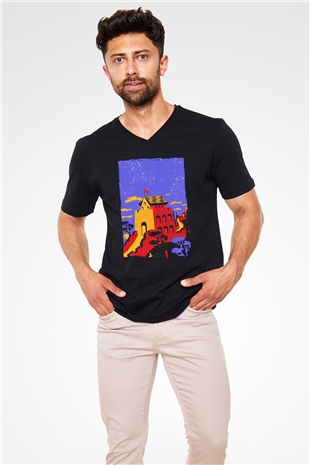 Çin Seddi Siyah Unisex V Yaka Tişört