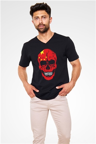 Çin Siyah Unisex V Yaka Tişört