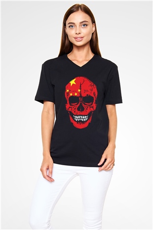Çin Siyah Unisex V Yaka Tişört
