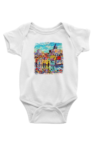 Cinque Terre Baskılı Beyaz Unisex Bebek Body - Zıbın