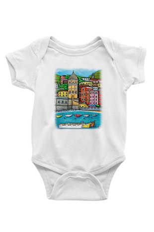 Cinque Terre Baskılı Beyaz Unisex Bebek Body - Zıbın