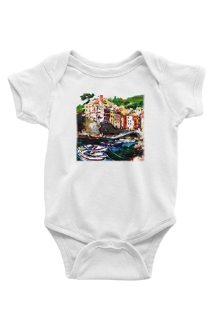 Cinque Terre Baskılı Beyaz Unisex Bebek Body - Zıbın