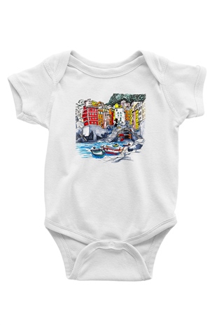 Cinque Terre Baskılı Beyaz Unisex Bebek Body - Zıbın