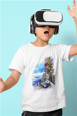 Cinque Terre Baskılı Beyaz Unisex Çocuk Tişört
