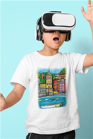 Cinque Terre Baskılı Beyaz Unisex Çocuk Tişört
