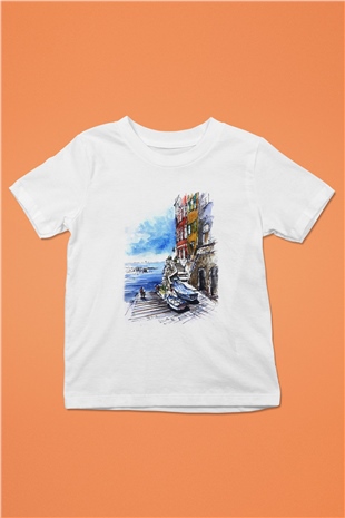 Cinque Terre Baskılı Beyaz Unisex Çocuk Tişört