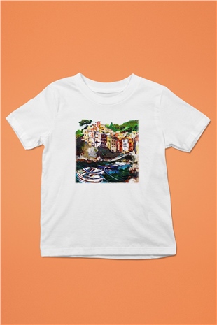 Cinque Terre Baskılı Beyaz Unisex Çocuk Tişört