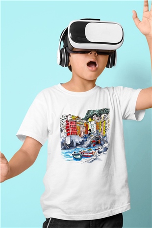 Cinque Terre Baskılı Beyaz Unisex Çocuk Tişört