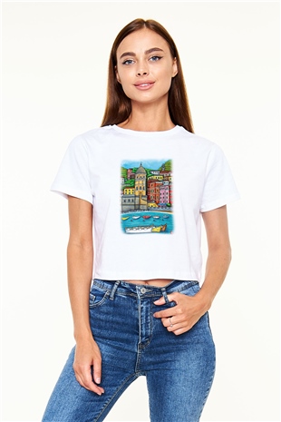 Cinque Terre Beyaz Croptop Tişört