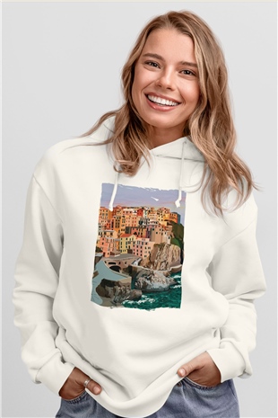 Cinque Terre Beyaz Unisex Hoodie