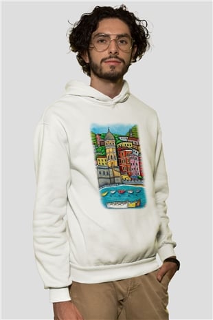 Cinque Terre Beyaz Unisex Kapşonlu Sweatshirt