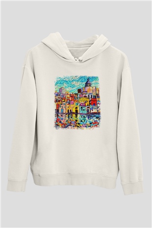 Cinque Terre Beyaz Unisex Kapşonlu Sweatshirt