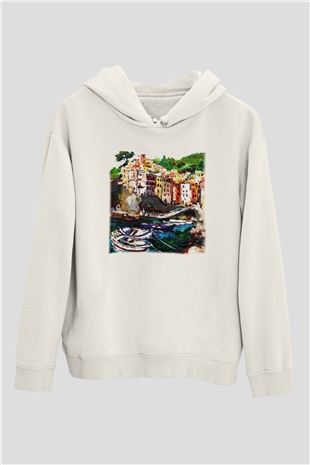 Cinque Terre Beyaz Unisex Kapşonlu Sweatshirt