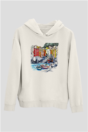 Cinque Terre Beyaz Unisex Kapşonlu Sweatshirt