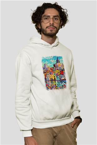 Cinque Terre Beyaz Unisex Kapşonlu Sweatshirt