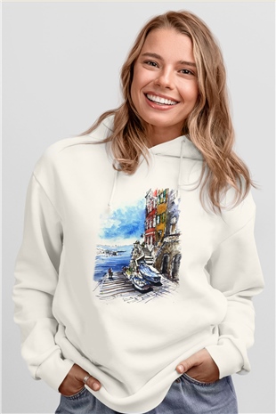 Cinque Terre Beyaz Unisex Kapşonlu Sweatshirt