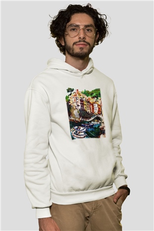 Cinque Terre Beyaz Unisex Kapşonlu Sweatshirt