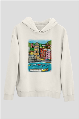 Cinque Terre Beyaz Unisex Kapşonlu Sweatshirt