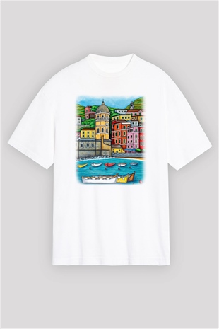 Cinque Terre Beyaz Unisex Oversize Tişört T-Shirt