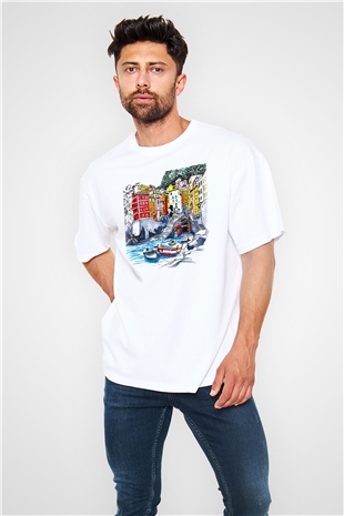 Cinque Terre Beyaz Unisex Oversize Tişört T-Shirt