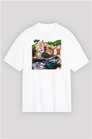 Cinque Terre Beyaz Unisex Oversize Tişört T-Shirt