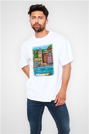 Cinque Terre Beyaz Unisex Oversize Tişört T-Shirt