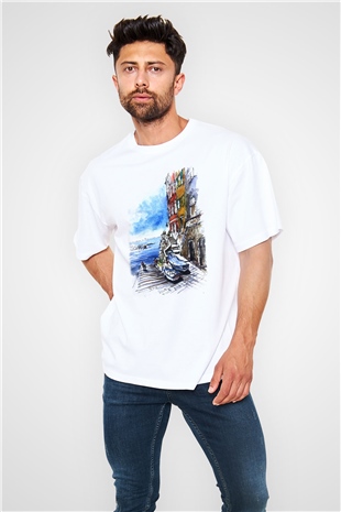 Cinque Terre Beyaz Unisex Oversize Tişört T-Shirt