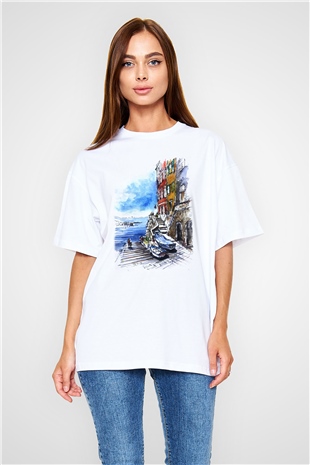 Cinque Terre Beyaz Unisex Oversize Tişört T-Shirt