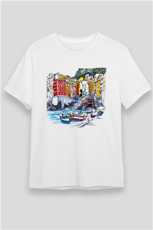 Cinque Terre Beyaz Unisex Tişört T-Shirt - TişörtFabrikası
