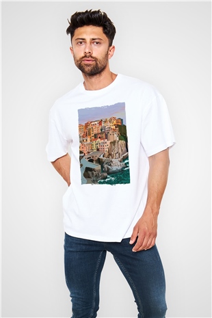 Cinque Terre Beyaz Oversize Tişört Oversize T-shirt - TişörtFabrikası