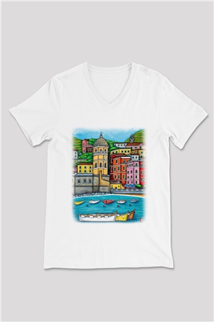 Cinque Terre Beyaz Unisex V Yaka Tişört T-Shirt