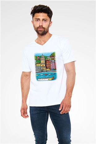 Cinque Terre Beyaz Unisex V Yaka Tişört T-Shirt