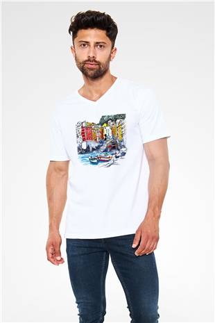 Cinque Terre Beyaz Unisex V Yaka Tişört T-Shirt