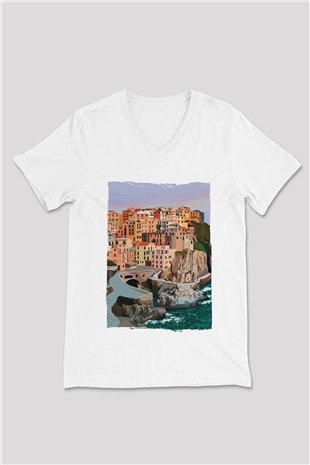 Cinque Terre Beyaz Unisex V Yaka Tişört