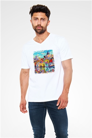 Cinque Terre Beyaz Unisex V Yaka Tişört T-Shirt