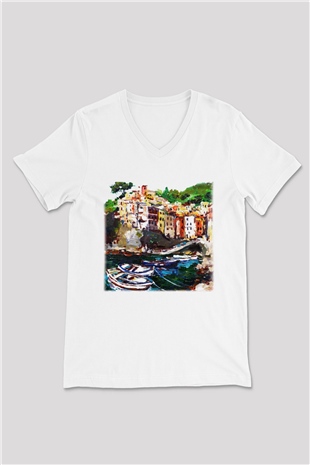 Cinque Terre Beyaz Unisex V Yaka Tişört T-Shirt