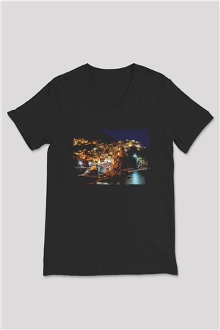 Cinque Terre Siyah Unisex V Yaka Tişört