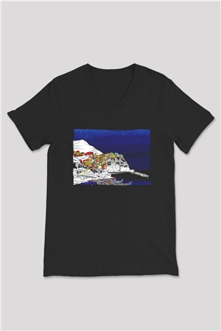 Cinque Terre Siyah Unisex V Yaka Tişört