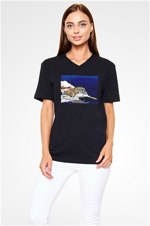 Cinque Terre Siyah Unisex V Yaka Tişört