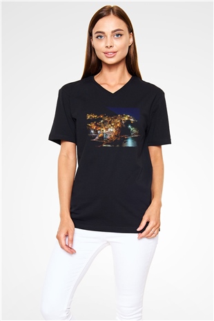 Cinque Terre Siyah Unisex V Yaka Tişört