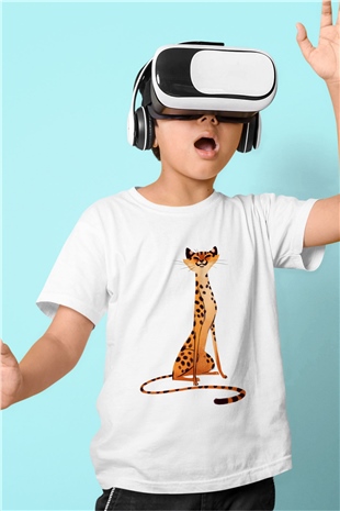 Çita Baskılı Beyaz Unisex Çocuk Tişört