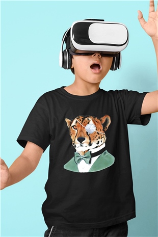 Çita Baskılı Siyah Unisex Çocuk Tişört
