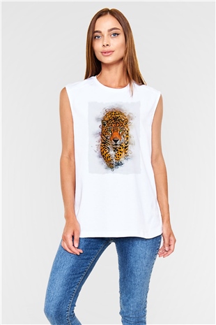 Çita Beyaz Unisex Kolsuz Tişört