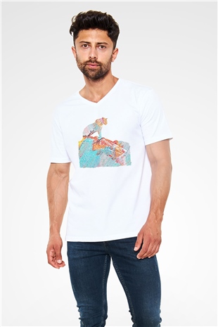 Çita Beyaz Unisex V Yaka Tişört