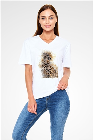 Çita Beyaz Unisex V Yaka Tişört